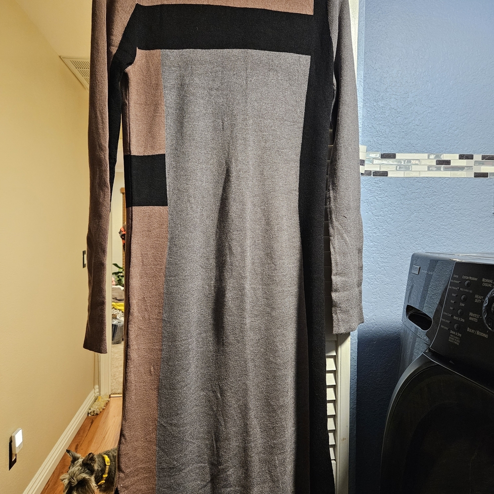 BCBGMaxAzria Long Sleeve Dress in Black, Gray, and Brown